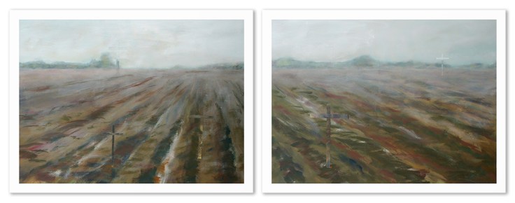 Champs de batailles, acrylique sur toile, 2 panneaux de 48 x 36 pouces, 2013